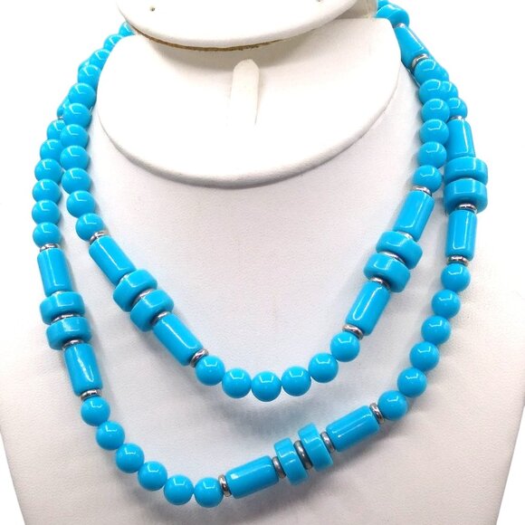 Vintage Turquoise Lucite Beaded Necklace, Interesting Strand with Multiple Shape - Picture 2 of 5